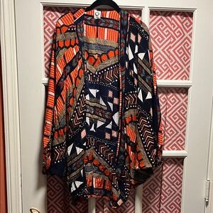 Akemi + Kin Anthropologie Abstract Open-Front Kimono-Red, Gold, Salmon, Navy